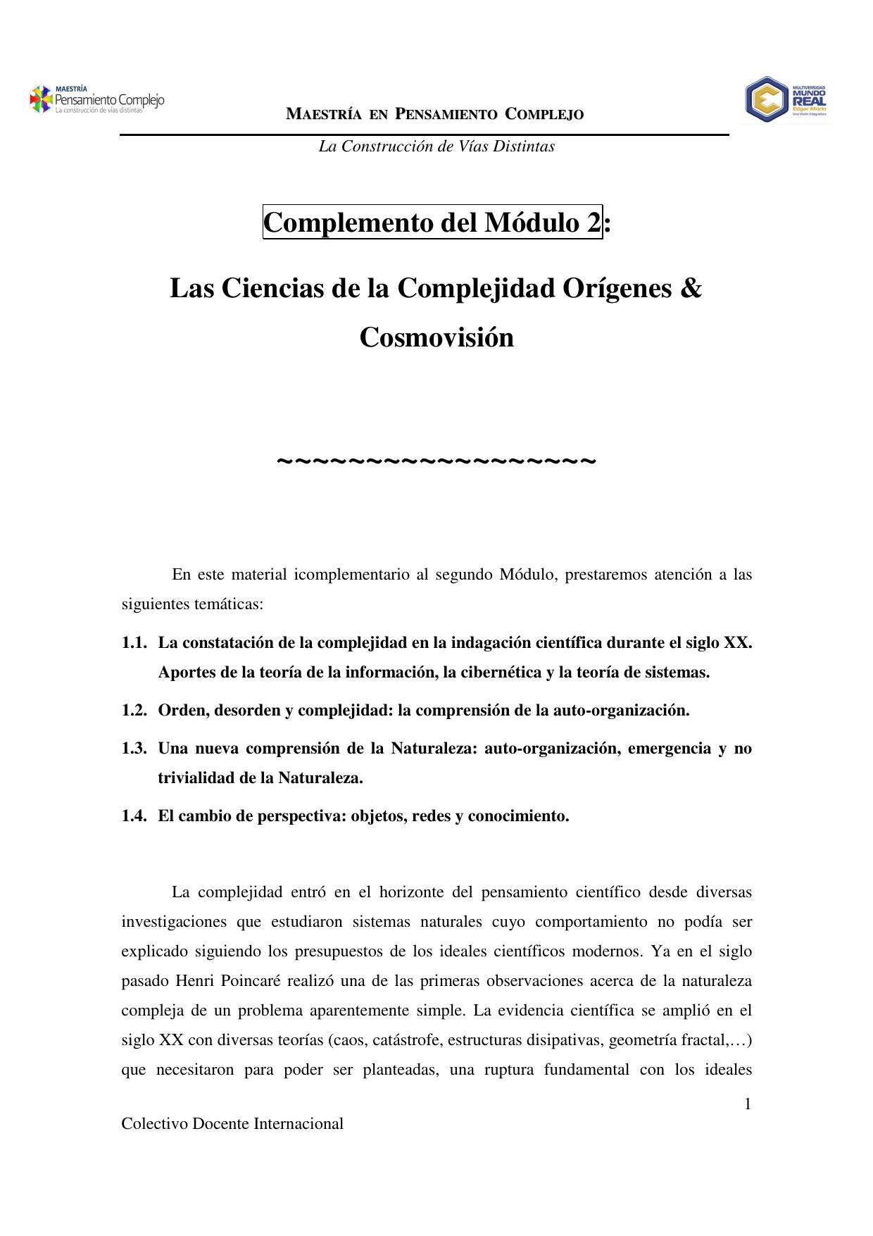 Complemento del Módulo 2 - Las Ciencias de la Complejidad, Orígenes y Cosmovisión